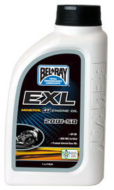 Bel-Ray Exl Mineral Oil 20W50 4T motorcycle engine oil in a 1L bottle, part of a 12-pack case, for vehicle lubrication.