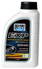 Bel-Ray Exp Semi-Syn Ester Oil 15w50 1L bottle, used for engine lubrication, with 12 bottles per case, shown in the image.