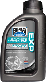Bel-Ray Exp Semi-Syn Ester Oil 20w50 container, 1-liter bottle, ideal for engine lubrication in automotive or machinery use.