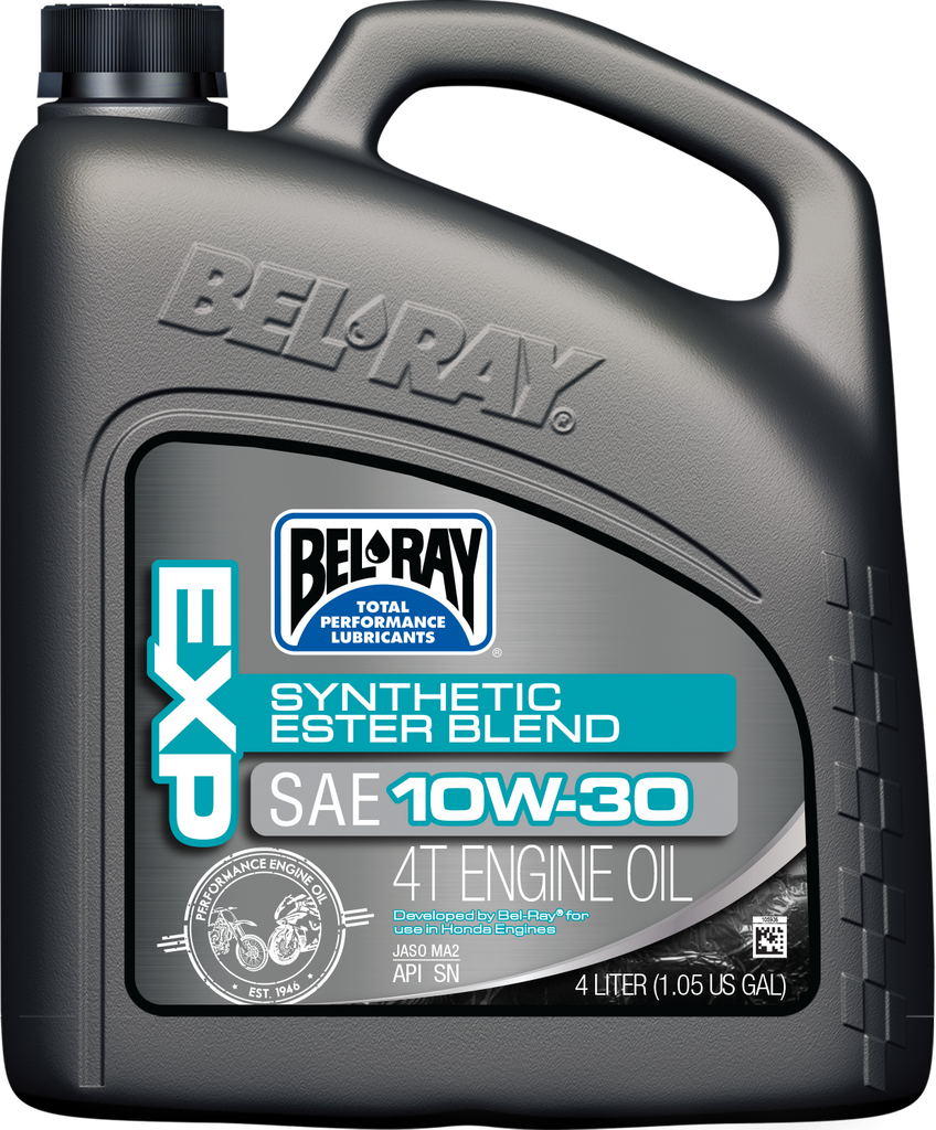 Bel-Ray Exp Syn Ester Blend 4T Engine Oil 10W30 in a 4L container, suitable for motorcycle engines, with label and container visible.