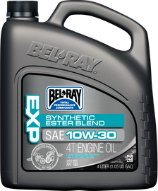 Bel-Ray Exp Syn Ester Blend 4T Engine Oil 10W30 in a 4L container, suitable for motorcycle engines, with label and container visible.