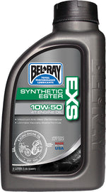 Bel-Ray Exs Full Syn Ester Oil 10W50 container, 1-liter bottle, part of a 12-pack, showing the chemical oil product.