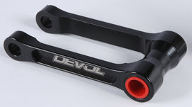 DEVOL suspension lowering link for vehicles, showing the metal component with bolts and mounting points in a close-up view.
