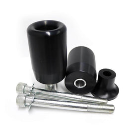 Black SHOGUN body frame sliders for motorcycle protection, shown mounted on a bike, designed to prevent damage during falls.