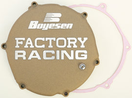 Boyesen Factory Racing Clutch Cover Magnesium for street motorcycles, showcasing the lightweight magnesium construction and design.
