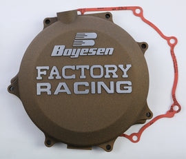 Boyesen Factory Racing Clutch Cover Magnesium for street motorcycles, showing the sleek magnesium clutch cover with branding details.