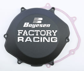 Boyesen Factory Racing Clutch Cover in black, designed for high-performance motorcycle clutch protection.