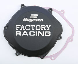 Boyesen Factory Racing Clutch Cover in black for motorcycles, featuring durable construction and precise fit.