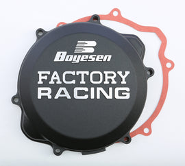Boyesen Factory Racing Clutch Cover in black for motorcycle, featuring durable design and precise fit.