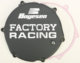 Boyesen Factory Racing Clutch Cover in black, designed for motorcycle engines, featuring a sleek black finish and durable construction.