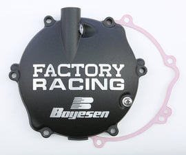 Boyesen Factory Racing Clutch Cover in black, designed for high-performance motorcycle clutch protection.