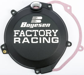Boyesen Factory Racing Clutch Cover in black for motorcycles, featuring durable construction and sleek design.