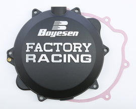 Boyesen Factory Racing clutch cover in black for motorcycle, featuring detailed branding and durable construction.