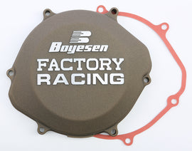 Boyesen Factory Racing Clutch Cover Magnesium for motorcycles, showcasing the sleek magnesium construction and detailed branding.