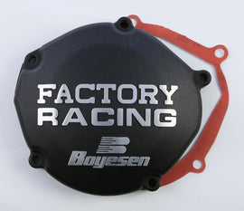 Boyesen Factory Racing Ignition Cover in black, designed for motorcycle engines, featuring durable construction and branding details.