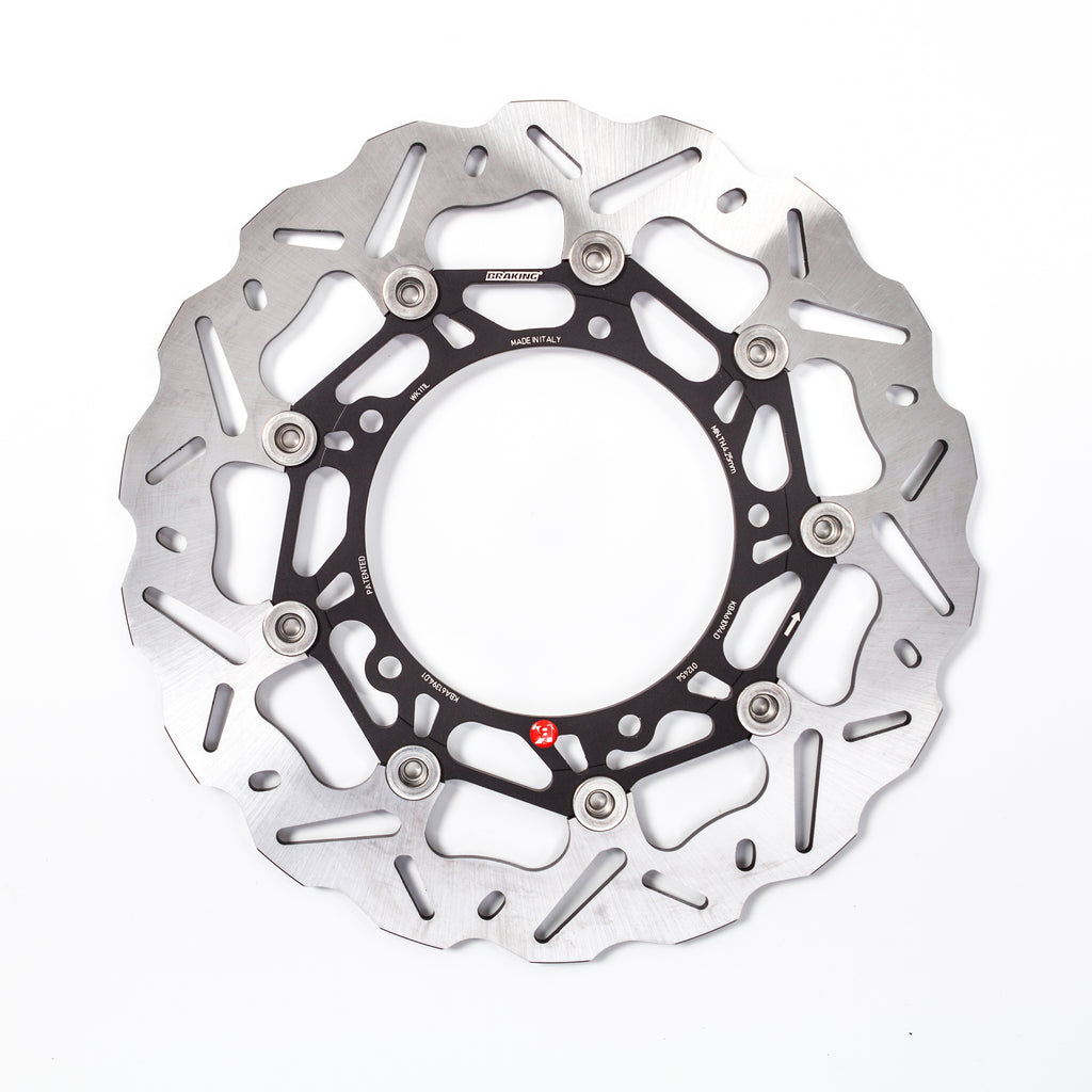 BRAKING SK2 directional left rotor for brakes, showing a close-up of the black metal disc with vented design.