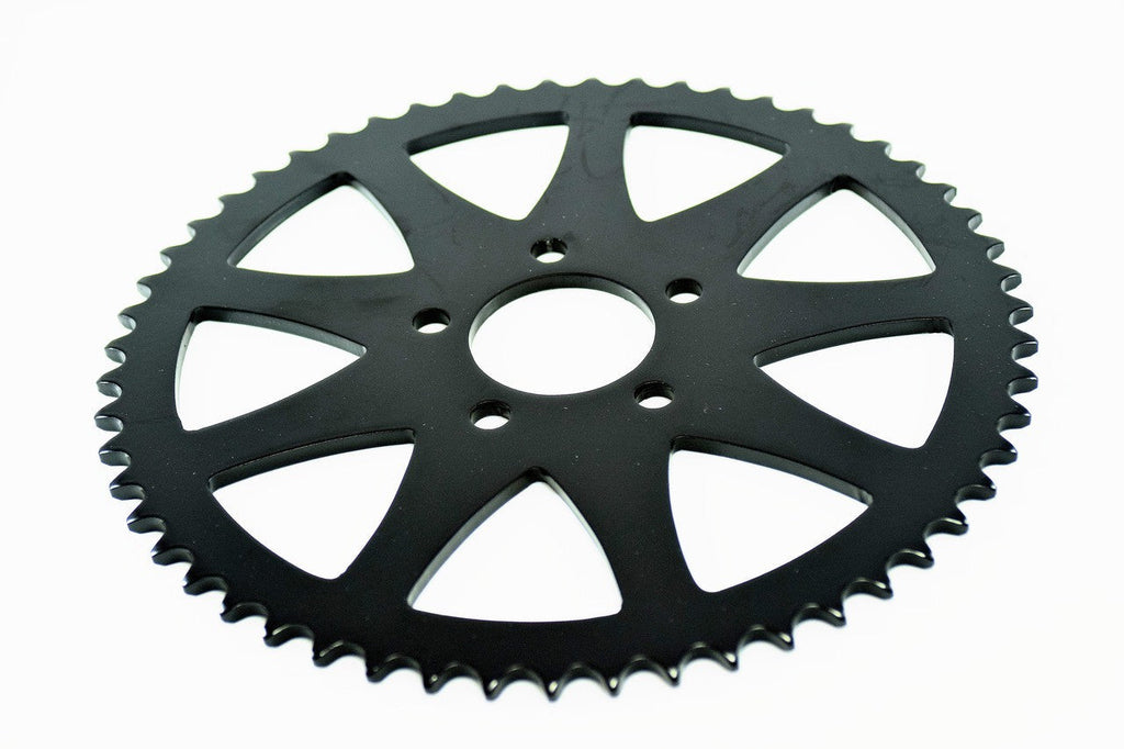 Black spoked rear chain sprockets for Harley models 1999 and down by Bung King, featuring 52 spokes for enhanced durability.