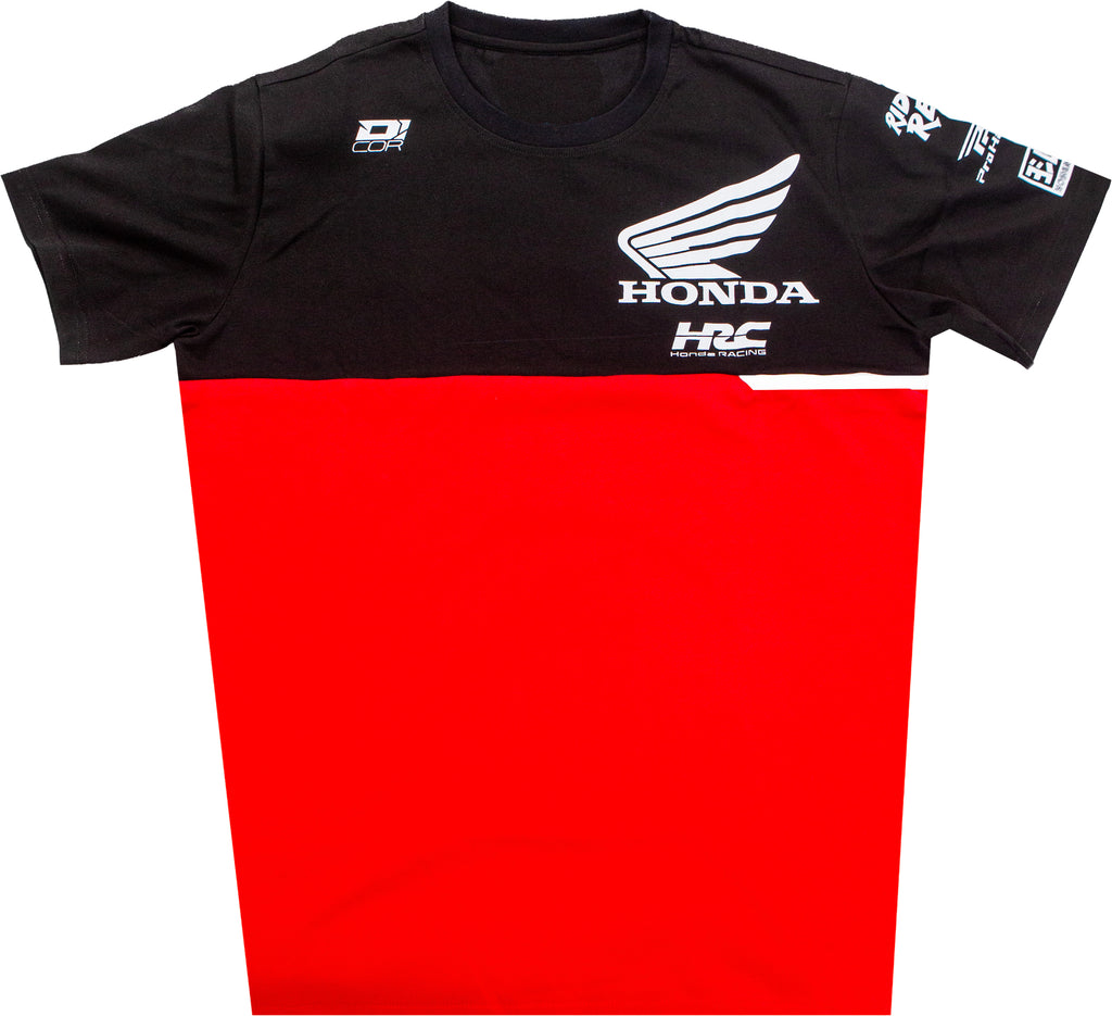 Red Honda Team2 T-shirt in medium size by D-COR, featuring a casual shirt design with Honda branding and logo details.