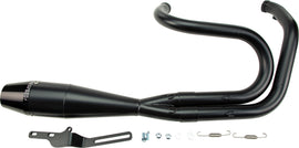 SAWICKI 2-in-1 Dyna Shorty black motorcycle exhaust with sleek metal finish and compact design, close-up view.