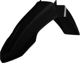 Black POLISPORT front fender for Yamaha dirt bike, showcasing its sleek body design and durable plastic construction.