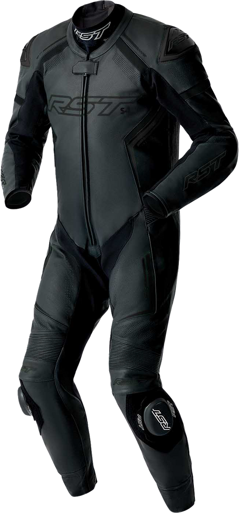Black RST S1 D3o leather suit for motorcycling, featuring protective armor and sleek design, shown on a mannequin.