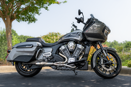 SAWICKI Indian Challenger Shorty Cannon brushed stainless steel exhaust system showing sleek, polished exhaust pipe with branding details.