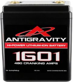 ANTIGRAVITY Lithium Battery Ag 1601 480 Ca showing the compact, high-performance battery with brand label and terminals visible