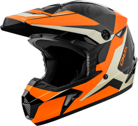 GMAX Youth MX 46Y Cyclus helmet in black and orange featuring a sleek, aerodynamic design for young motocross riders.