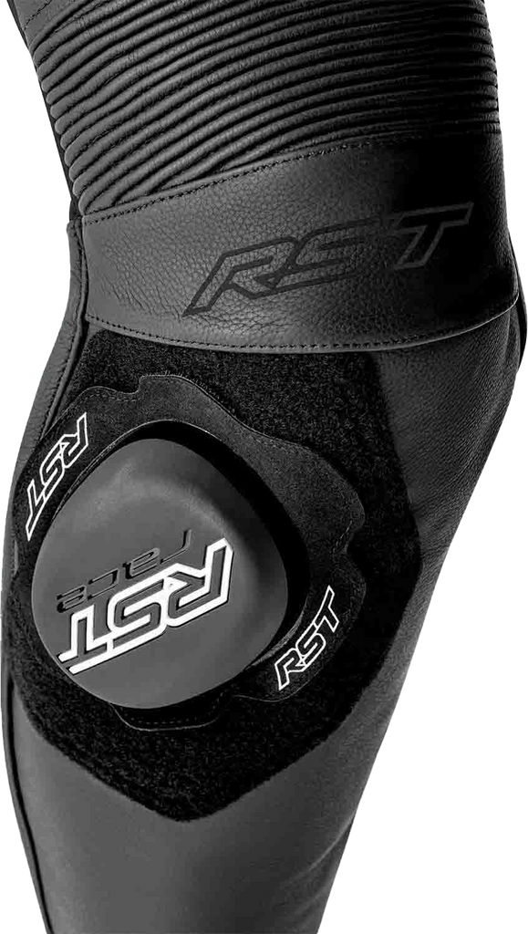 Black RST Brand S1 D3o leather suit, XL size, showcasing sleek design and protective armor for motorcycle riding.