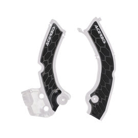 ACERBIS body frame guards in white and black for motorcycles, shown mounted on bike with protective design details.