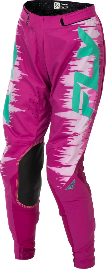 Fly Racing women's Lite pants in pink and turquoise, size 0/02, featuring lightweight, flexible riding gear for motocross or off-road riding.