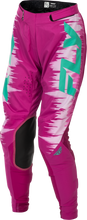 Load image into Gallery viewer, Fly Racing women's Lite pants in pink and turquoise, size 0/02, featuring lightweight, flexible riding gear for motocross or off-road riding.