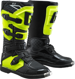 Gaerne SG-J motocross boots in bright fluorescent yellow with black accents, showcasing sturdy design and secure closures.