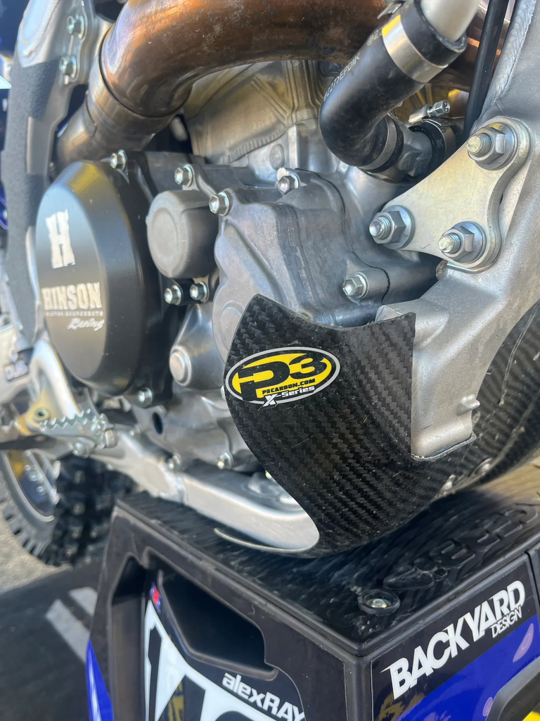 P3 brand Yamaha skid plate guard made of carbon fiber, designed to protect the motorcycle's underside during rides.