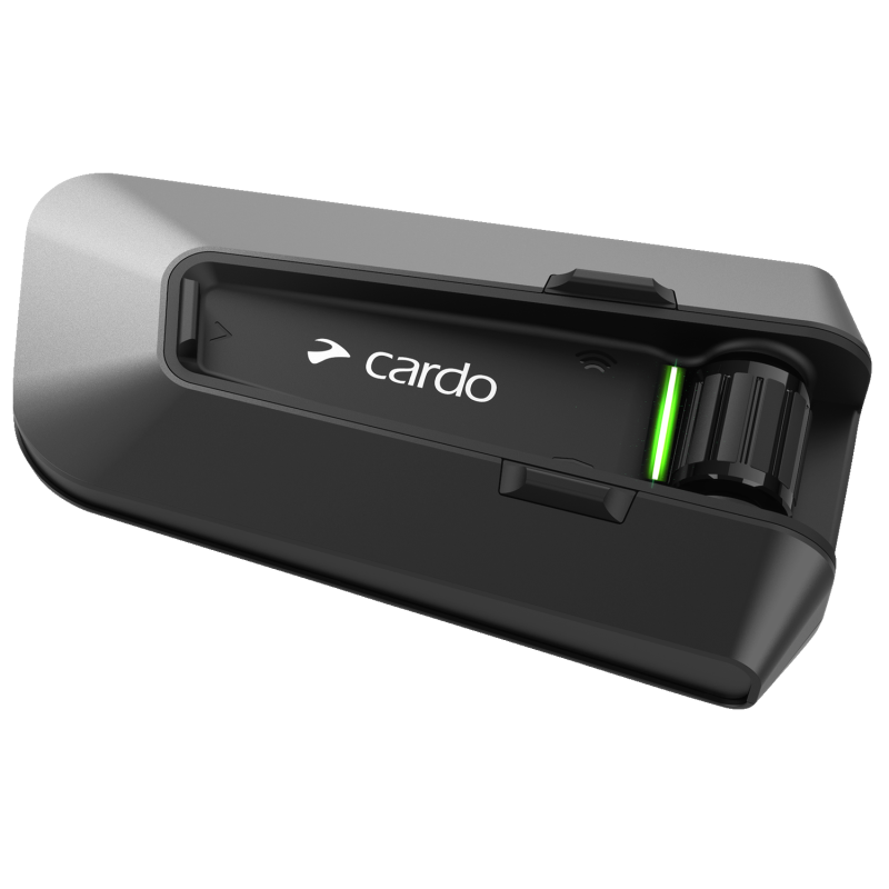 Cardo Packtalk Edge 2-way intercom system with audio, featuring sleek design and microphone for motorcycle communication.