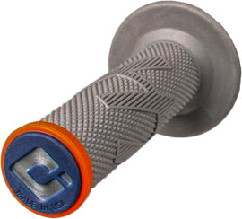 ODI Emig Prov2 lock-on grips in grey and orange with textured surface, designed for mountain bike handlebars.