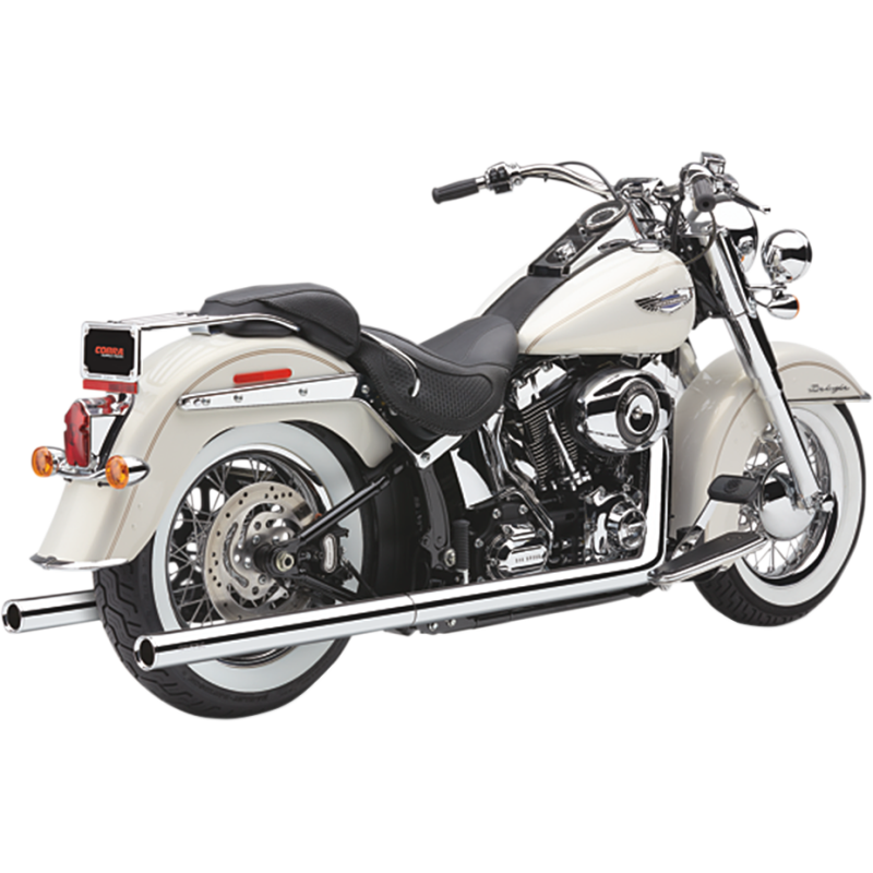 Chrome Cobra True Dual Exhaust for Harley Davidson Softail 2000-2017, featuring billet tips and dual chrome finish.