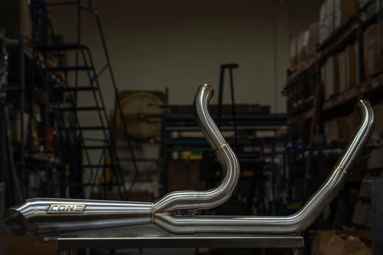 Stainless Cone Performance 2:1 breakaway performance exhaust for Harley Bagger 1995-2016, with polished finish and dual outlets.