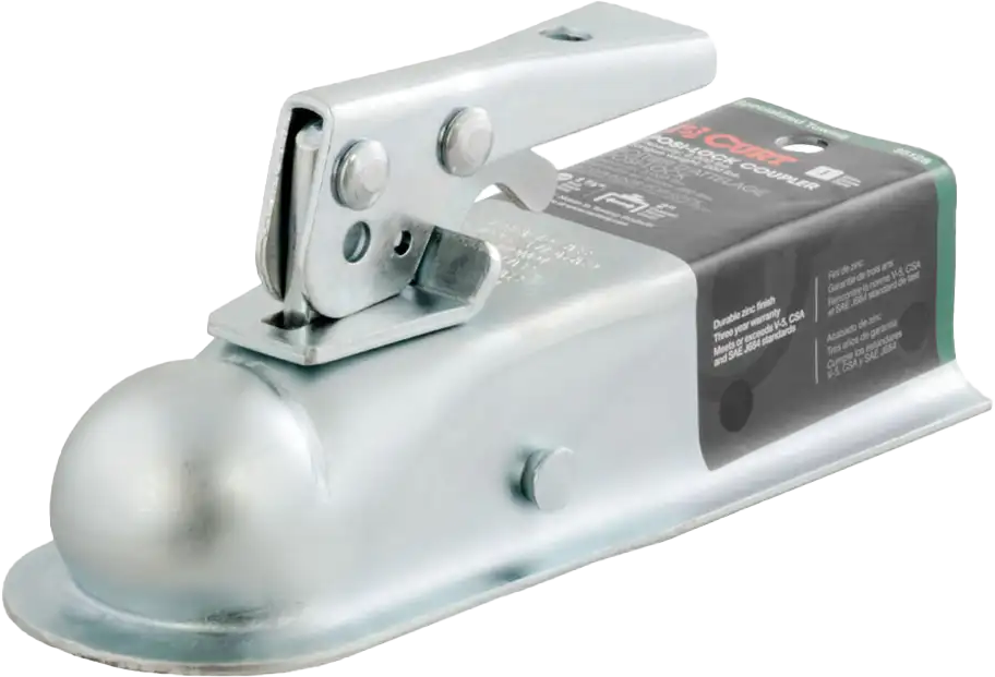 CURT 1 7/8" x 2" coupler for trailer hitch, rated 2000 lbs, accessories, with a black metal finish and safety latch