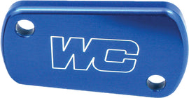 Blue WORKS rear brake cover for motorcycle body, showcasing sleek design and vibrant color.