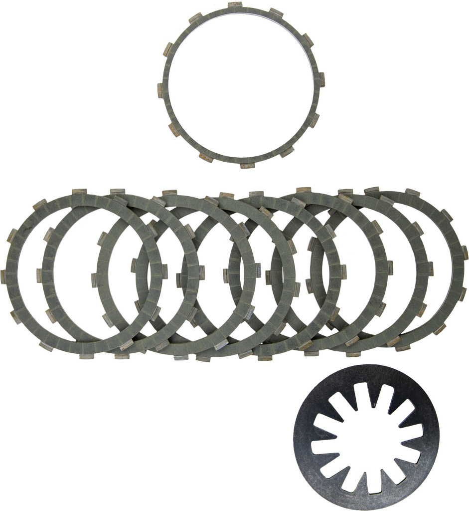 Hardrive Aramid Clutch Friction Set with HD Diaphragm Spring for motorcycle clutch, showing the friction plates and spring components.