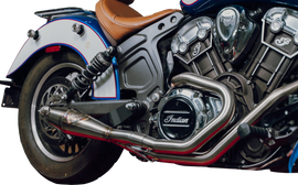 SAWICKI Indian Scout Shorty Cannon brushed stainless steel exhaust pipe showing sleek design and polished finish.