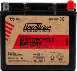 Harddrive Premium GYZ20HLA car battery with 320 CCA, showing the sturdy battery casing and terminal connections.