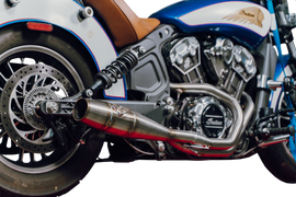 SAWICKI Indian Scout mid-length brushed stainless steel exhaust pipe with cannon design, showcasing sleek metallic finish.