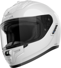 Glossy white SENA Phantom FF Mesh Com helmet in large size, featuring a sleek aerodynamic design and ventilation openings.