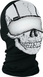 ZAN polyester skull balaclava helmet accessory showing a close-up of the black skull design on the fabric.