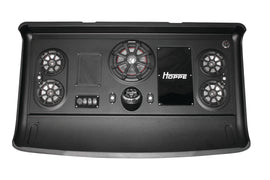 HOPPE stereo top 4 speakers with subwoofer, black audio speakers for home entertainment, connected in a modern setup.
