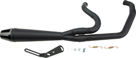 SAWICKI 2in1 M8 Softail full-length black exhaust system for Harley Softail motorcycles, featuring sleek black finish and dual outlet design.