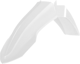 White POLISPORT front fender for Yamaha dirt bikes, showing the sleek body design and mounting points.