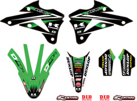 DCOR 2014 Monster Energy Kawasaki Team Green graphics and decals trim kit displayed on a motorcycle.